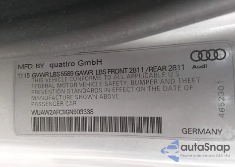 2016 Audi Rs 7 4.0T Prestige from USA, damaged, VIN WUAW2AFC9GN903338
